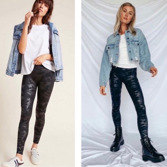 Spanx Faux Leather Matte Black Gray Camo Leggings size large - Picture 2 of 8